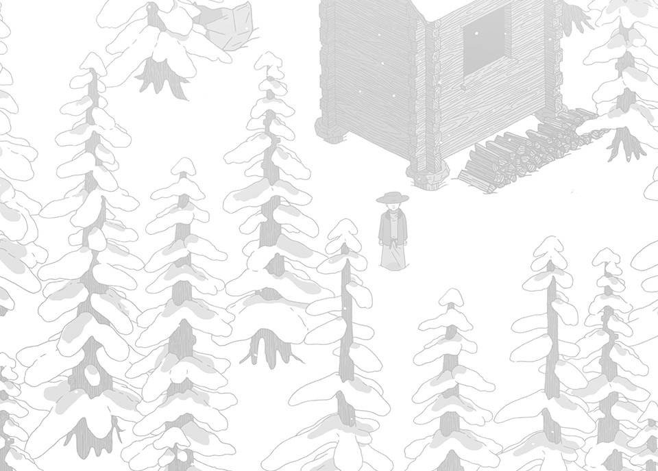 Capture d'écran du jeu "Un Village dans la Montagne" représentant un personnage dans une forêt.
