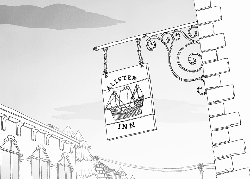 Capture d'écran du jeu Aby avec un insigne d'un bar qui se balance au vent